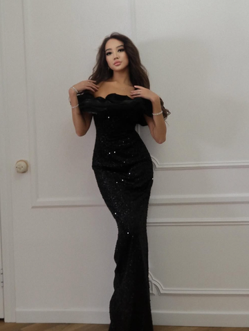 Sexy Black Sheath Off the Shoulder Sequin Prom Dress Formal Dress Party Dress HZ1023